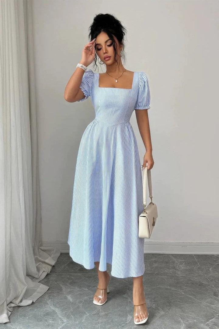 Women's Fall Wedding Guest Dress Square Neck Puff Sleeve Striped Midi