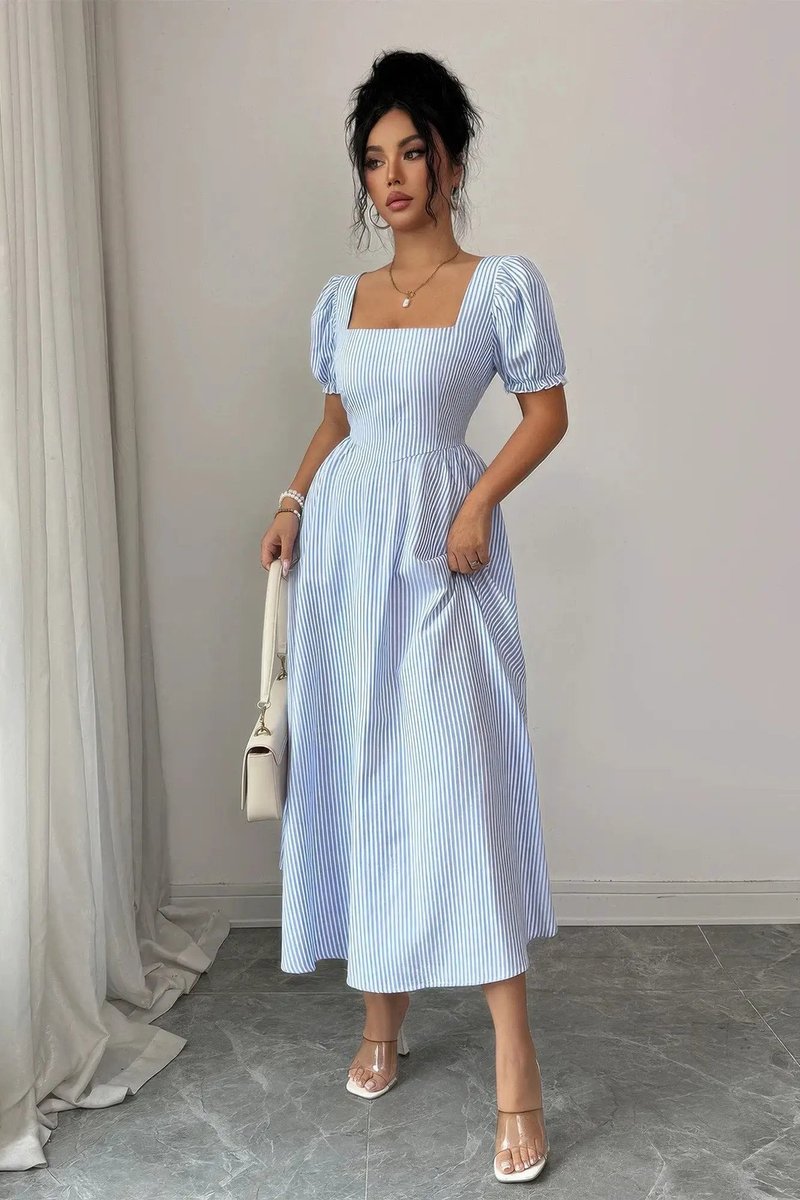 Women's Fall Wedding Guest Dress Square Neck Puff Sleeve Striped Midi