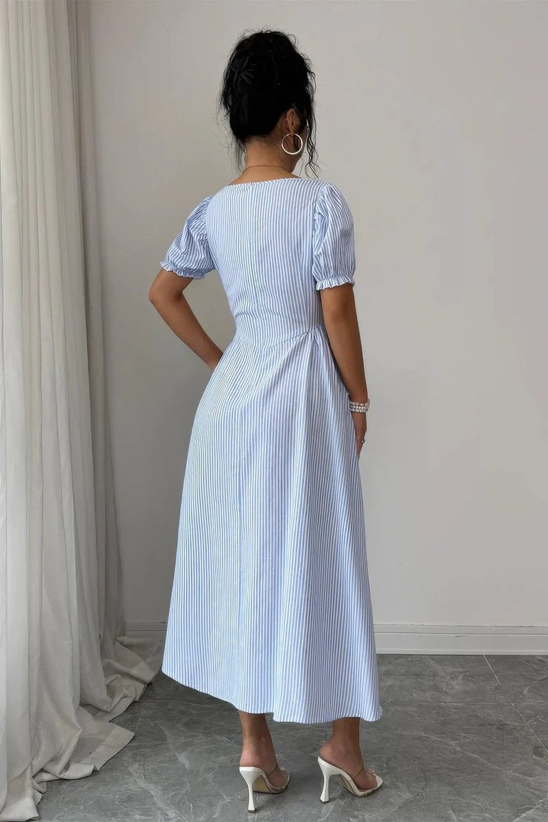 Women's Fall Wedding Guest Dress Square Neck Puff Sleeve Striped Midi