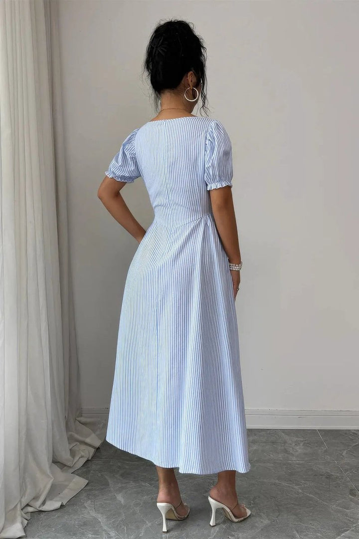 Women's Fall Wedding Guest Dress Square Neck Puff Sleeve Striped Midi