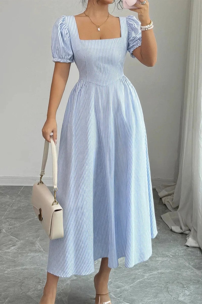 Women's Fall Wedding Guest Dress Square Neck Puff Sleeve Striped Midi