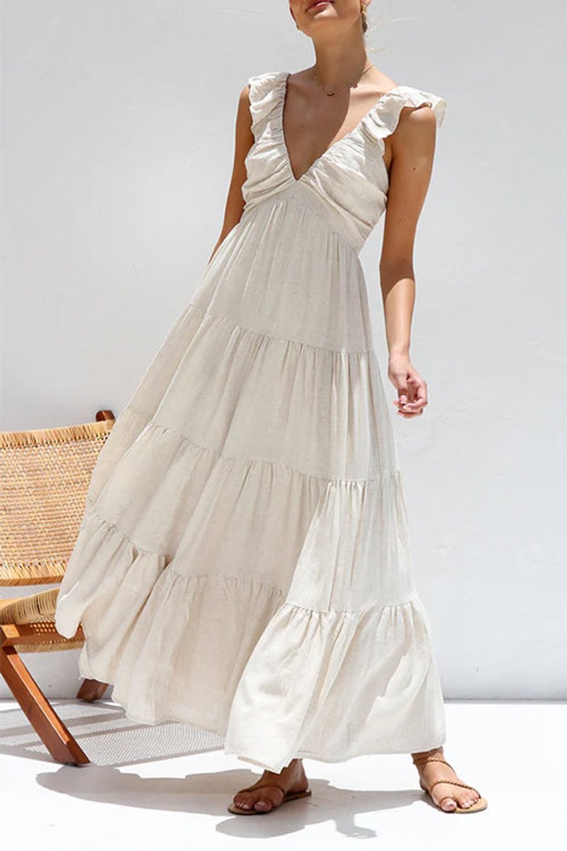 Women's Fall Wedding Guest Dress Tiered Ruffle V-Neck Linen Maxi