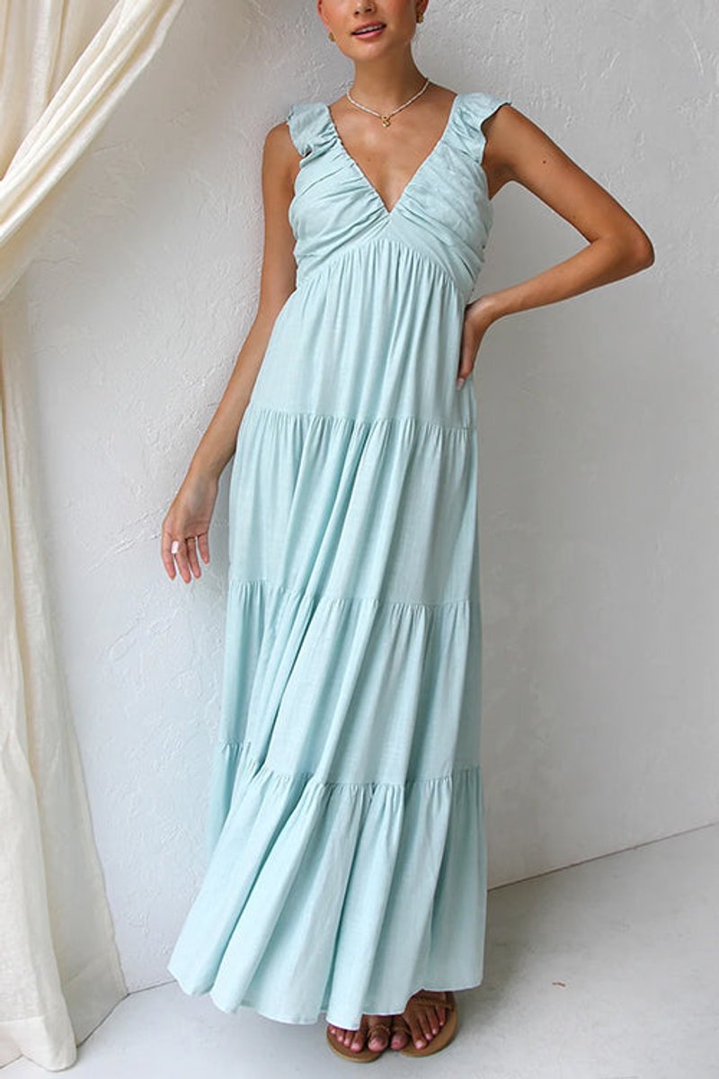 Women's Fall Wedding Guest Dress Tiered Ruffle V-Neck Linen Maxi