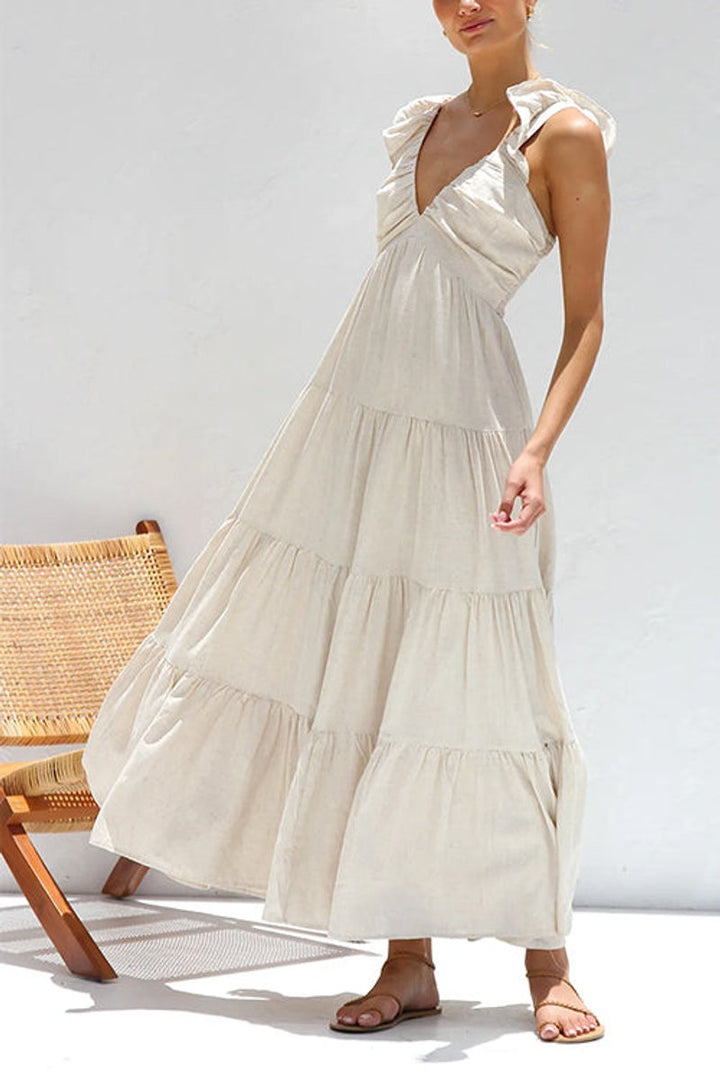 Women's Fall Wedding Guest Dress Tiered Ruffle V-Neck Linen Maxi