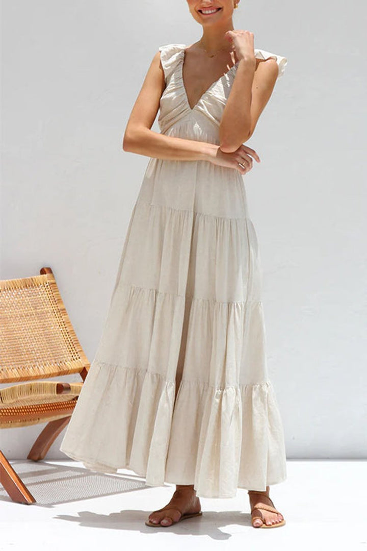 Women's Fall Wedding Guest Dress Tiered Ruffle V-Neck Linen Maxi