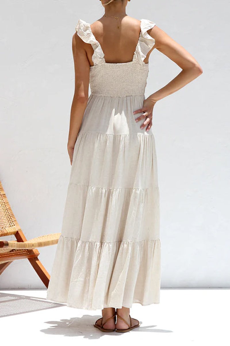 Women's Fall Wedding Guest Dress Tiered Ruffle V-Neck Linen Maxi