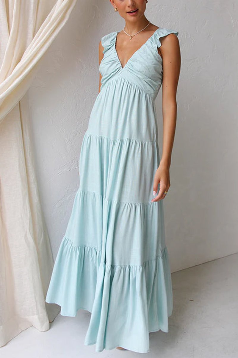 Women's Fall Wedding Guest Dress Tiered Ruffle V-Neck Linen Maxi