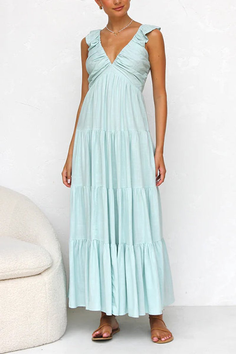 Women's Fall Wedding Guest Dress Tiered Ruffle V-Neck Linen Maxi