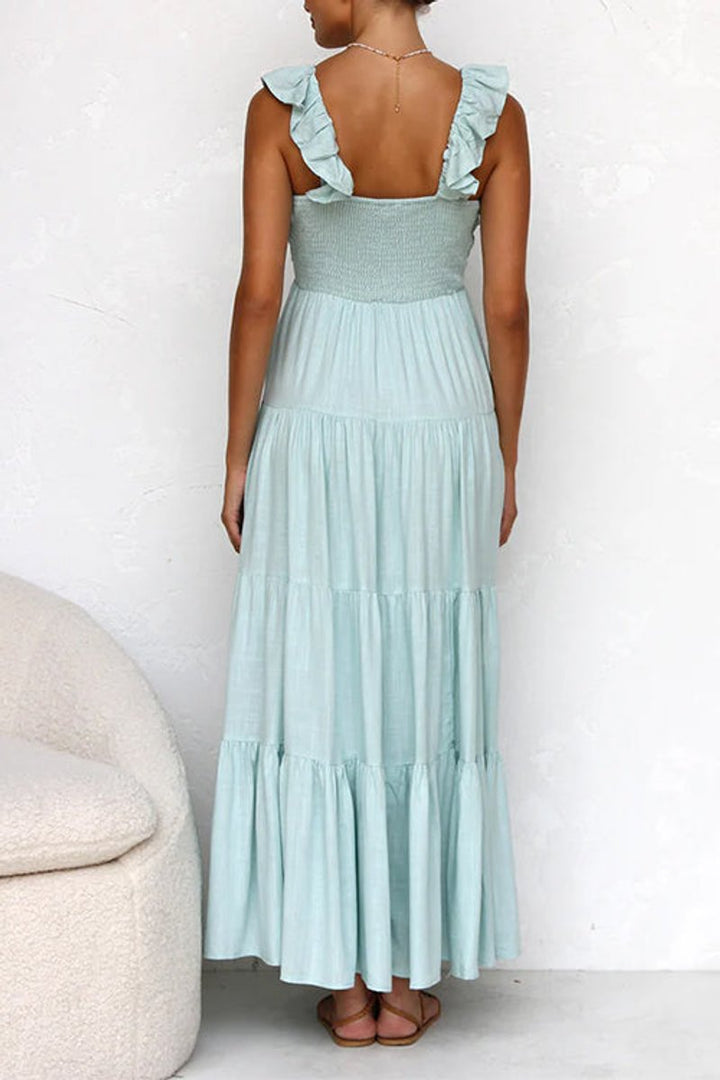 Women's Fall Wedding Guest Dress Tiered Ruffle V-Neck Linen Maxi