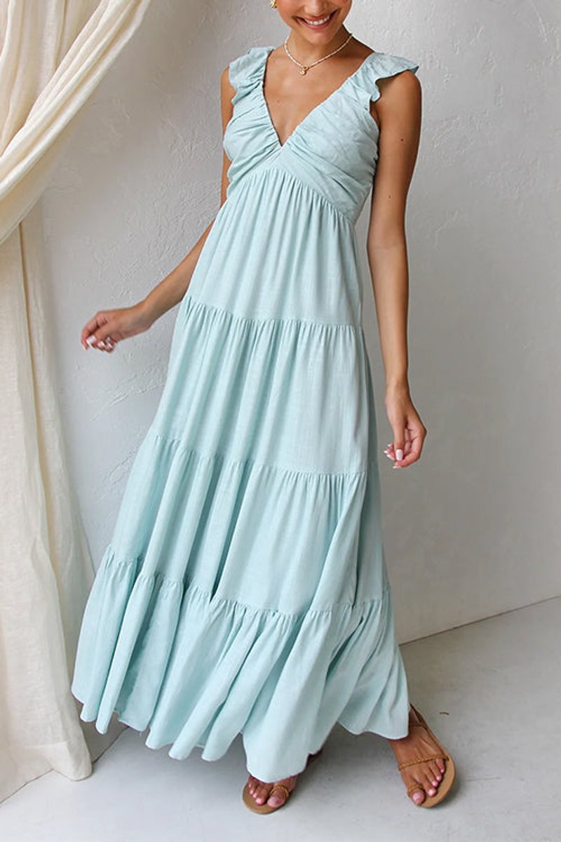 Women's Fall Wedding Guest Dress Tiered Ruffle V-Neck Linen Maxi