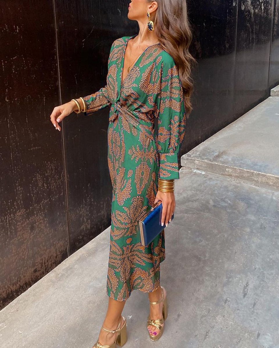 Women's Fall Wedding Guest Dress V-Neck Printed Long-Sleeve Maxi