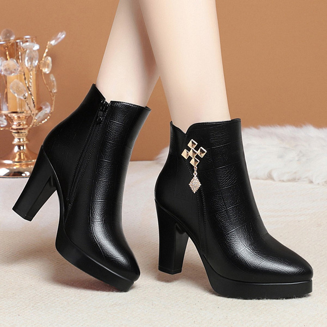 Women's Faux Leather Block-Heel Fleece-Lined Ankle Boots