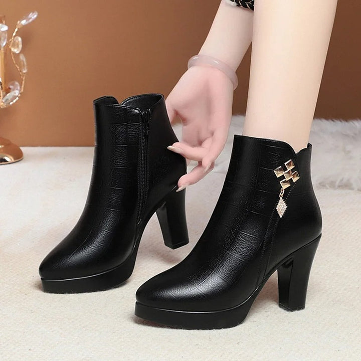 Women's Faux Leather Block-Heel Fleece-Lined Ankle Boots