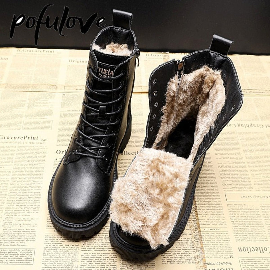 Women's Faux Leather Fleece-Lined Lace-Up Combat Ankle Boots
