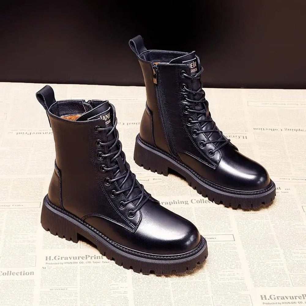 Women's Faux Leather Fleece-Lined Lace-Up Combat Ankle Boots
