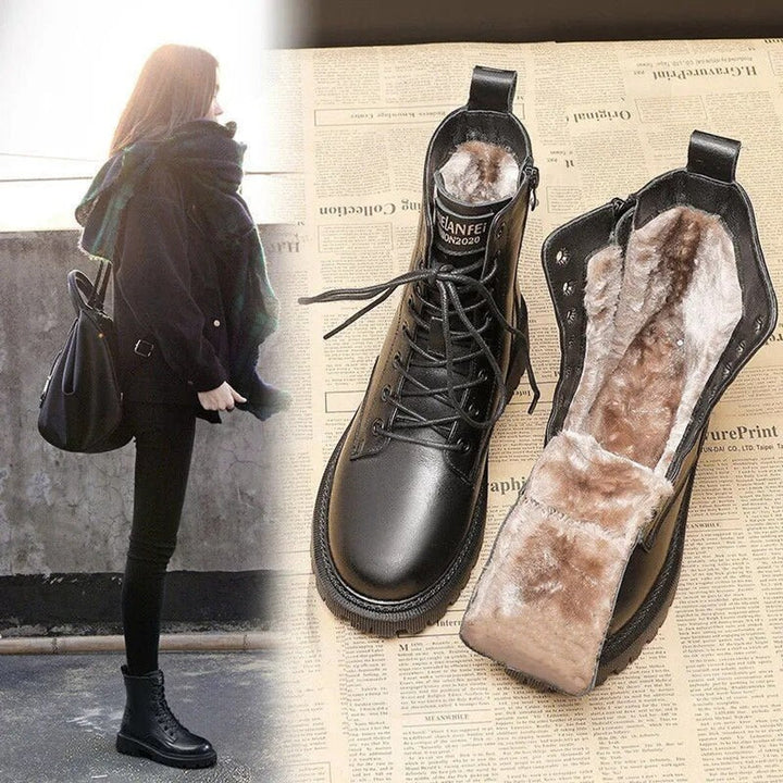 Women's Faux Leather Fleece-Lined Lace-Up Combat Ankle Boots