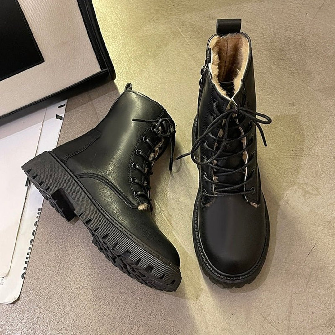 Women's Faux Leather Fleece-Lined Lace-Up Combat Ankle Boots