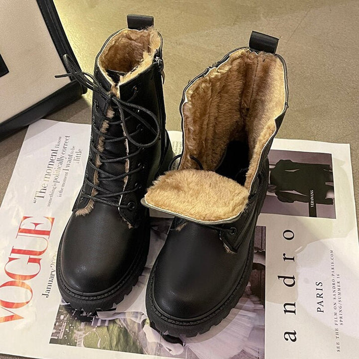 Women's Faux Leather Fleece-Lined Lace-Up Combat Ankle Boots