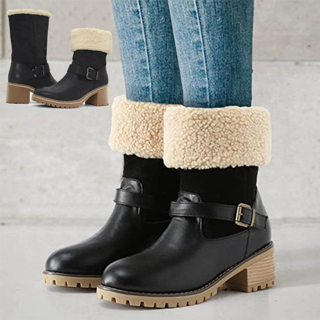 Women's Faux Leather Sherpa-Cuff Buckle Ankle Boots