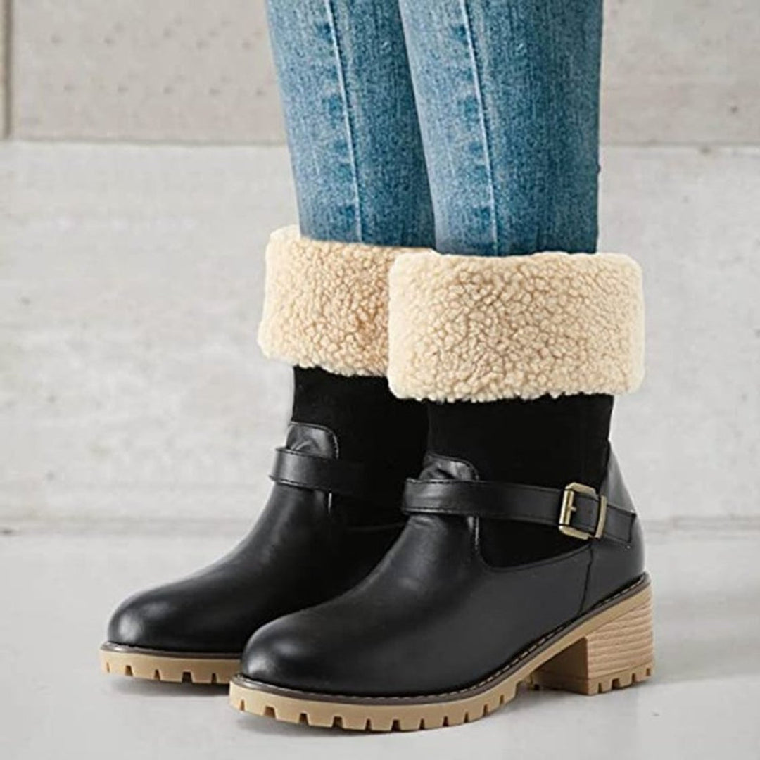 Women's Faux Leather Sherpa-Cuff Buckle Ankle Boots