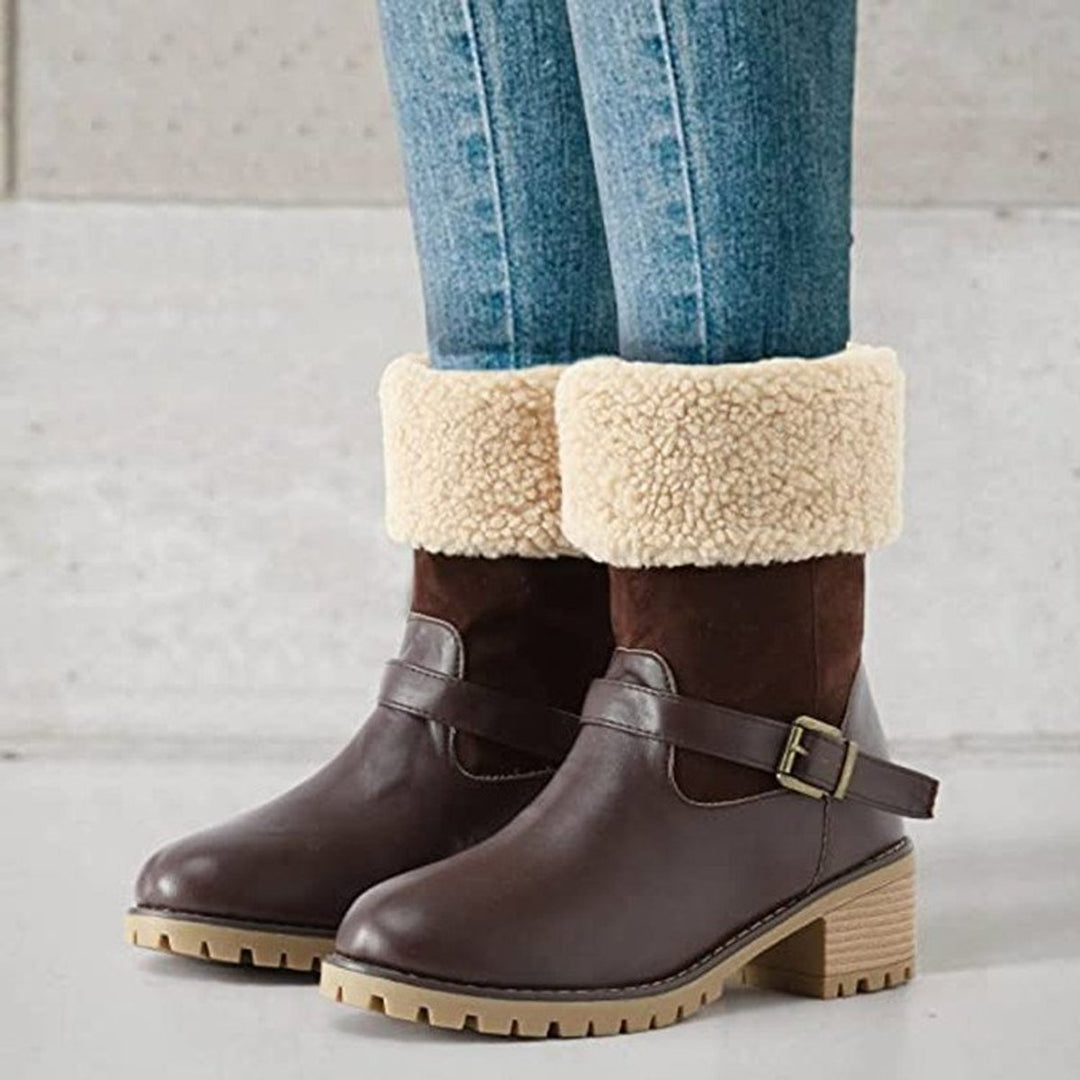 Women's Faux Leather Sherpa-Cuff Buckle Ankle Boots