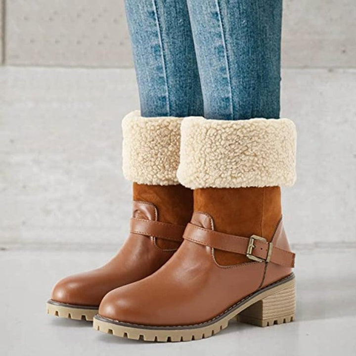 Women's Faux Leather Sherpa-Cuff Buckle Ankle Boots