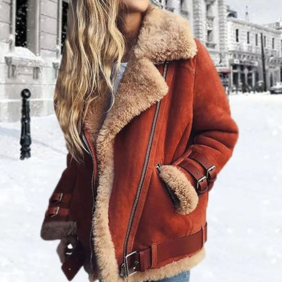 Women's Faux Shearling Belted Oversized Moto Jacket - Orange