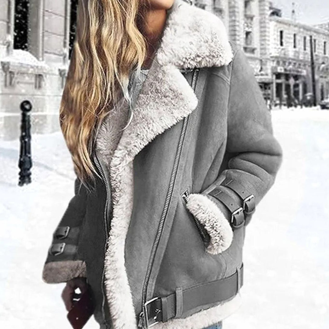 Women's Faux Shearling Belted Oversized Moto Jacket - Gray