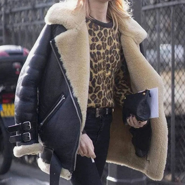 Women's Faux Shearling Belted Oversized Moto Jacket - Black