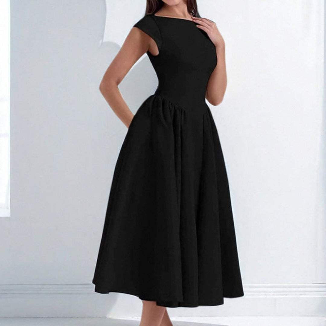 Women's Fit-and-Flare Pleated Skirt Fall Midi Dress Cap Sleeve