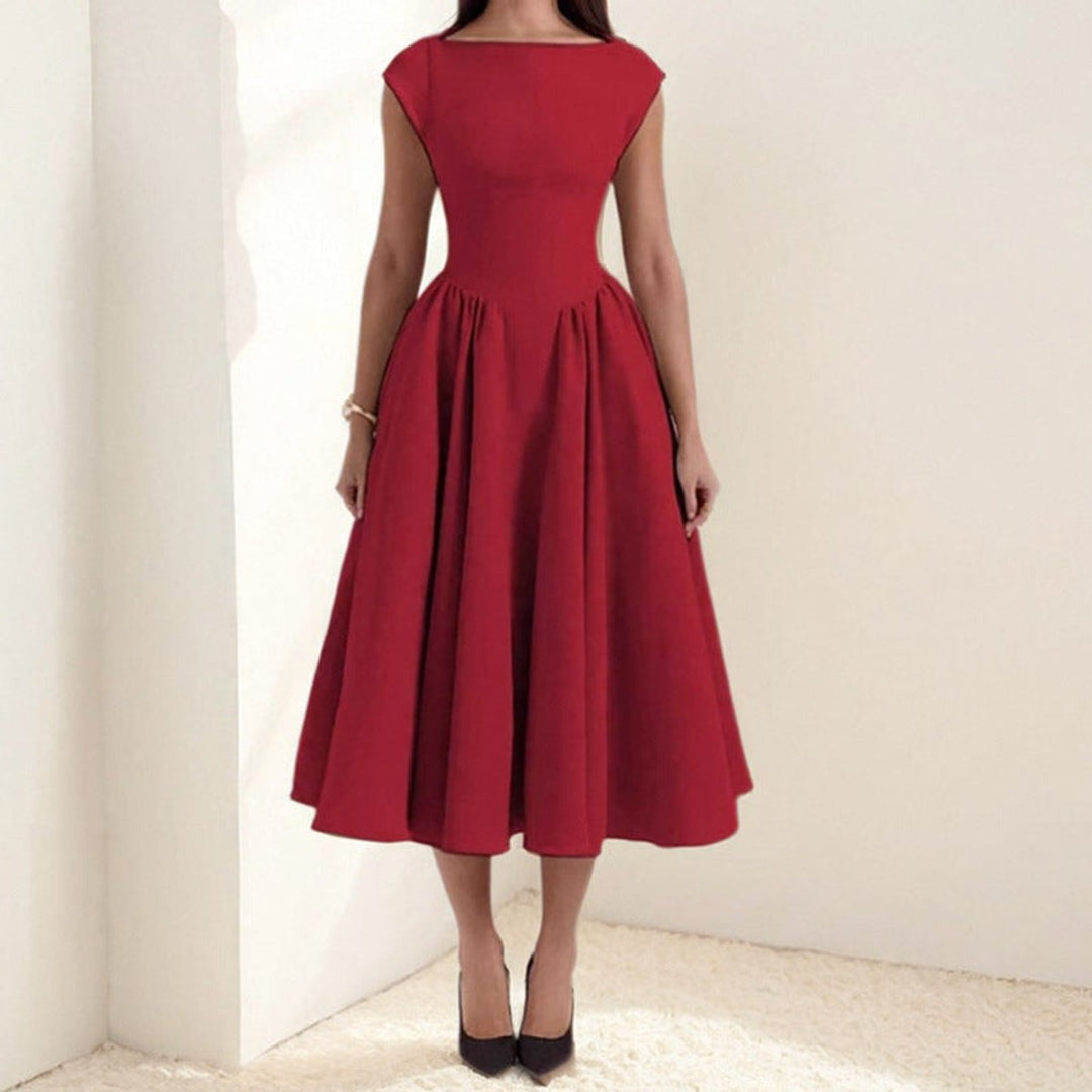 Women's Fit-and-Flare Pleated Skirt Fall Midi Dress Cap Sleeve