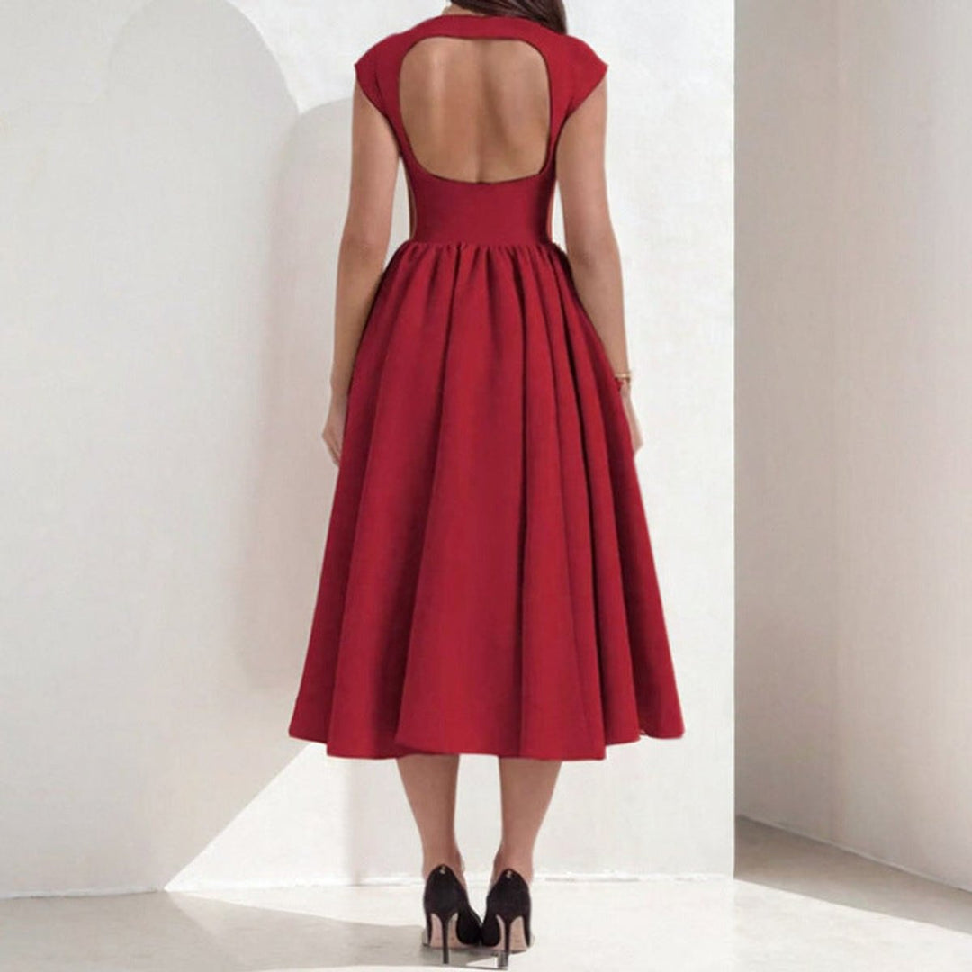 Women's Fit-and-Flare Pleated Skirt Fall Midi Dress Cap Sleeve