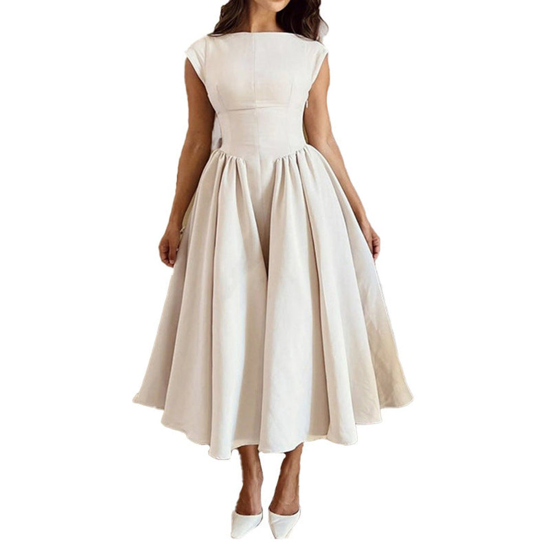 Women's Fit-and-Flare Pleated Skirt Fall Midi Dress Cap Sleeve