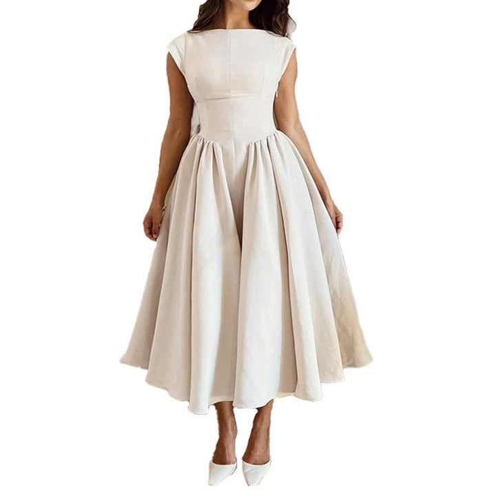 Women's Fit-and-Flare Pleated Skirt Fall Midi Dress Cap Sleeve
