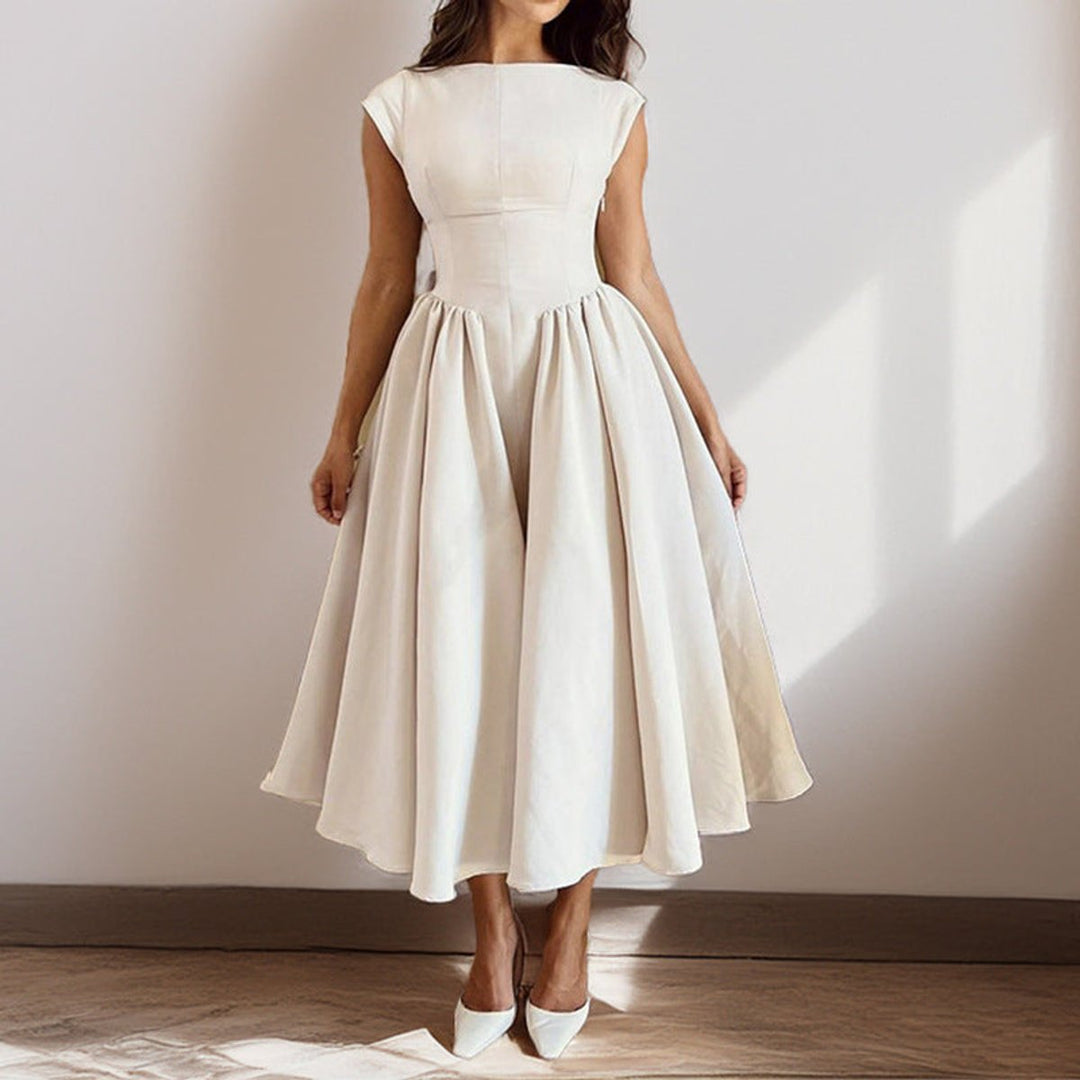 Women's Fit-and-Flare Pleated Skirt Fall Midi Dress Cap Sleeve
