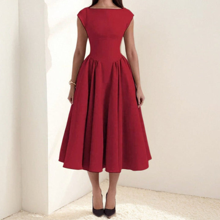 Women's Fit-and-Flare Pleated Skirt Fall Midi Dress Cap Sleeve
