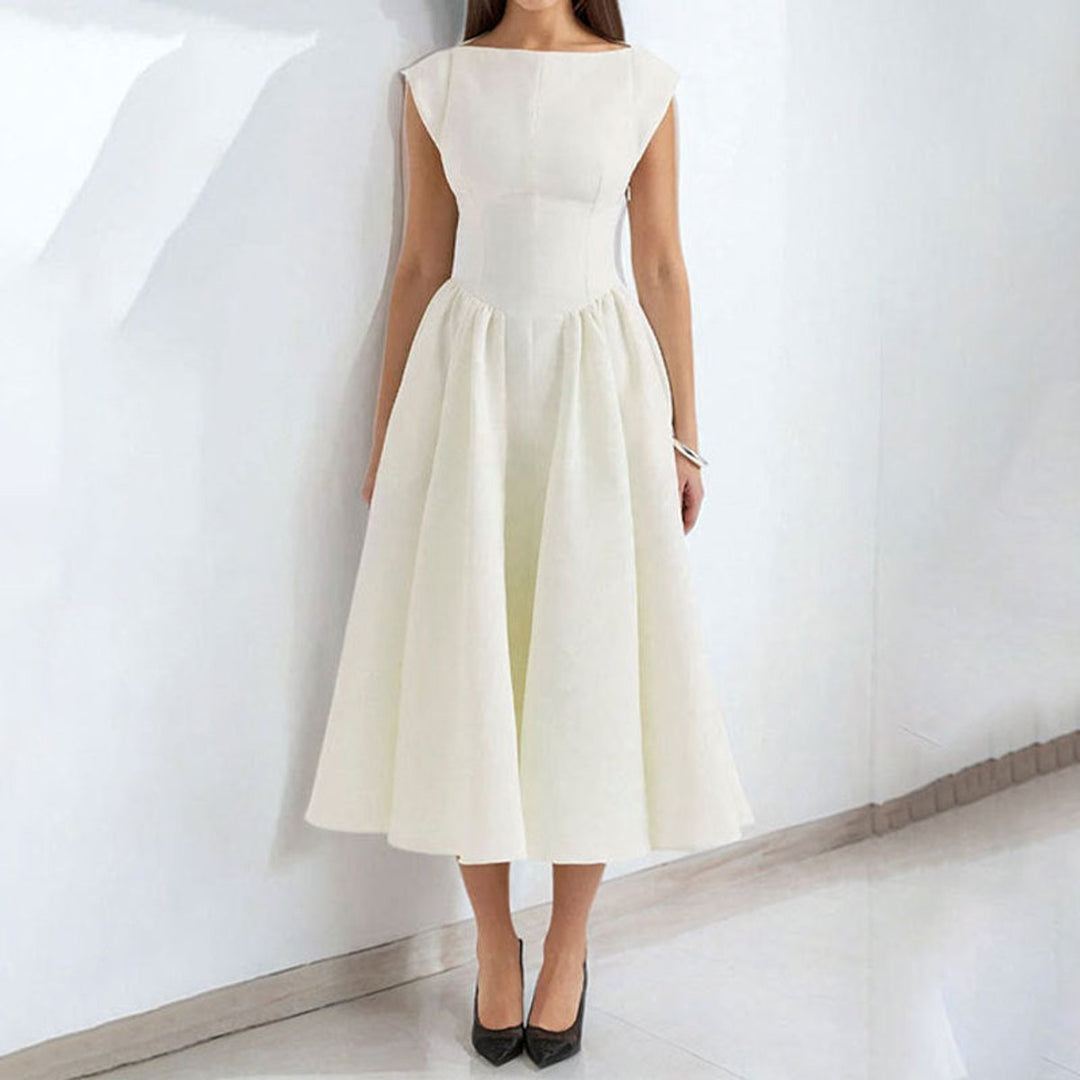Women's Fit-and-Flare Pleated Skirt Fall Midi Dress Cap Sleeve