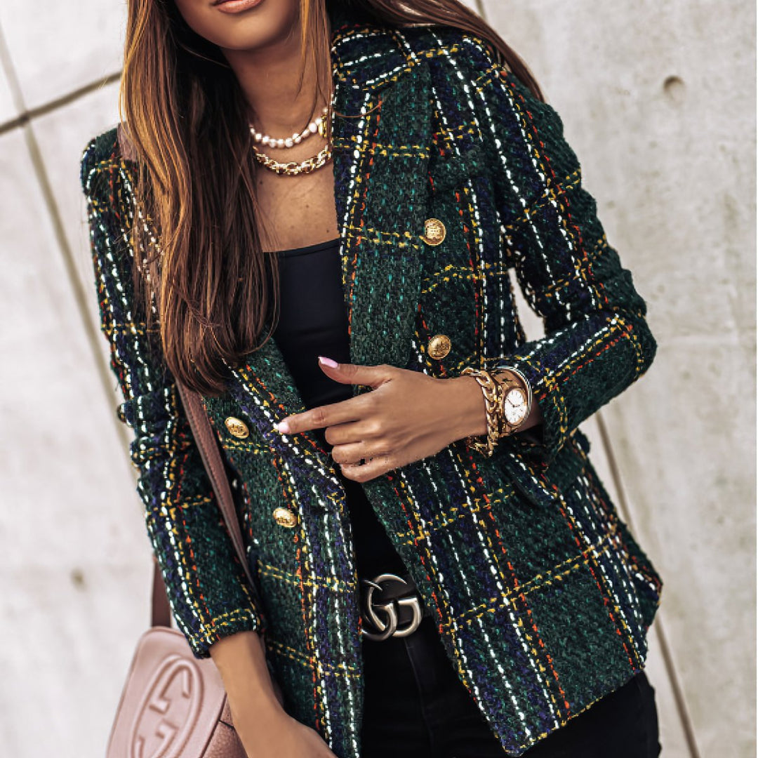 Women's Fitted Double-Breasted Plaid Tweed Blazer