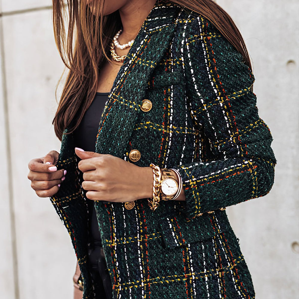 Women's Fitted Double-Breasted Plaid Tweed Blazer