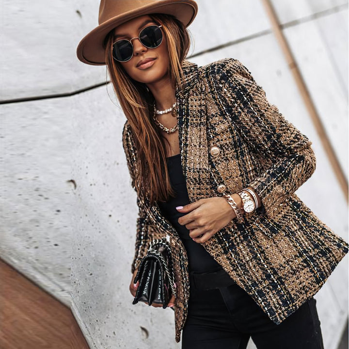 Women's Fitted Double-Breasted Plaid Tweed Blazer