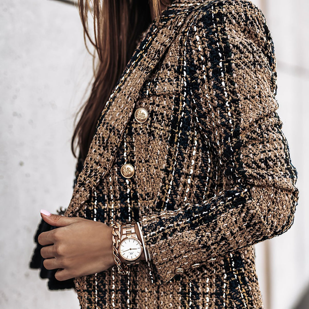 Women's Fitted Double-Breasted Plaid Tweed Blazer