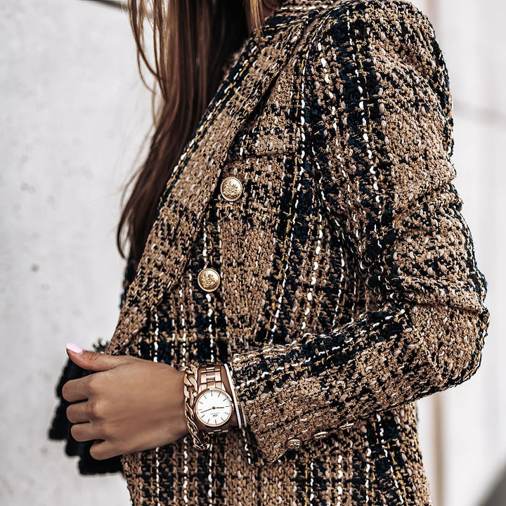 Women's Fitted Double-Breasted Plaid Tweed Blazer