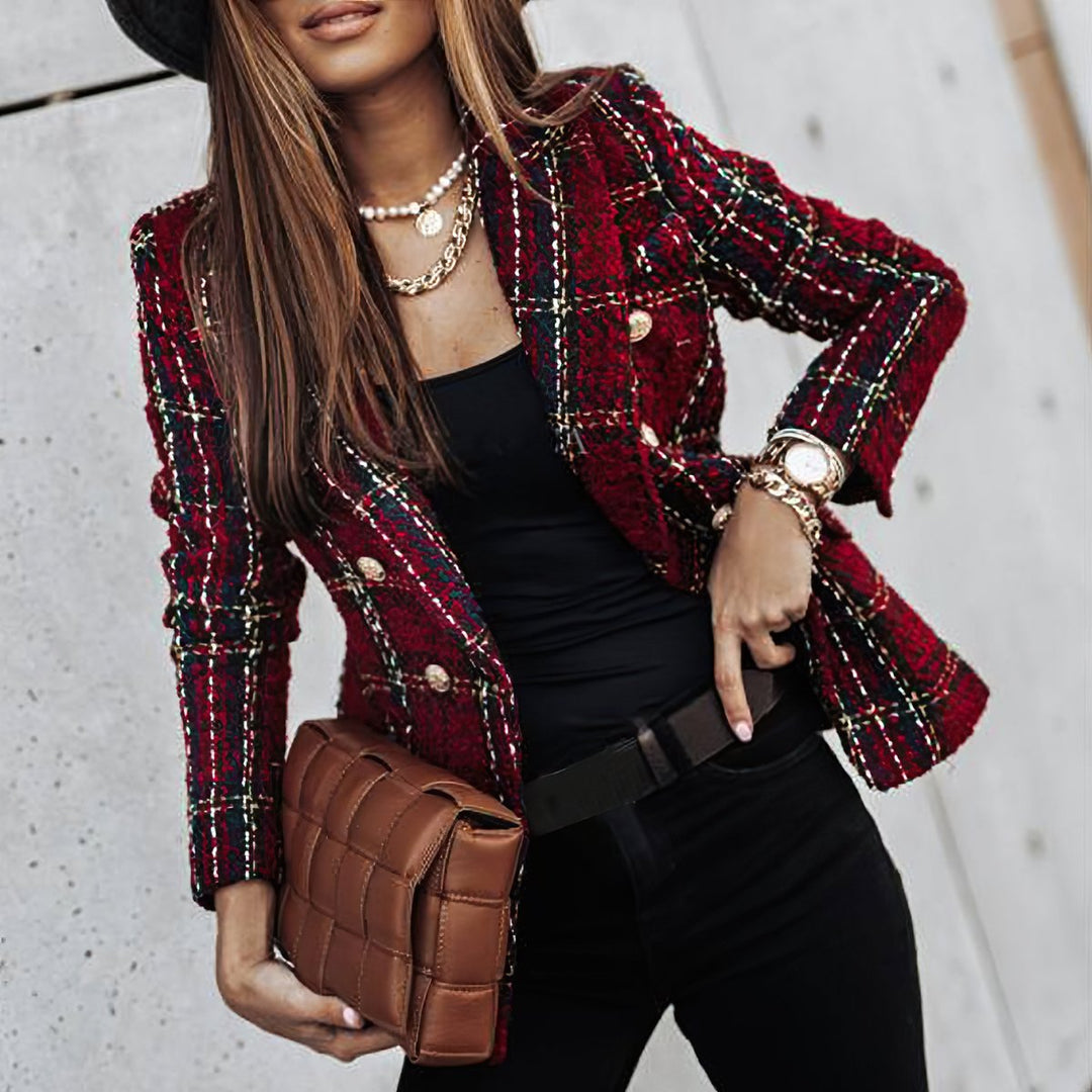 Women's Fitted Double-Breasted Plaid Tweed Blazer