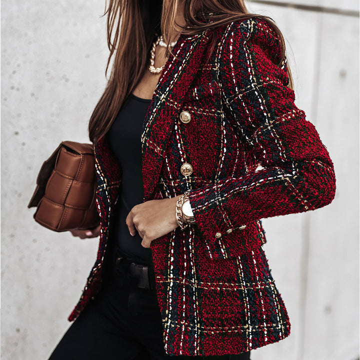 Women's Fitted Double-Breasted Plaid Tweed Blazer