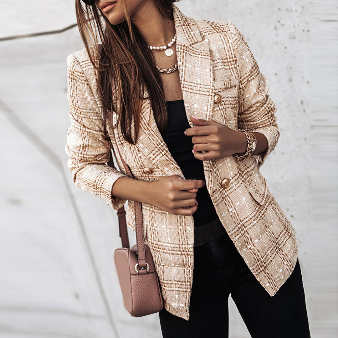 Women's Fitted Double-Breasted Plaid Tweed Blazer