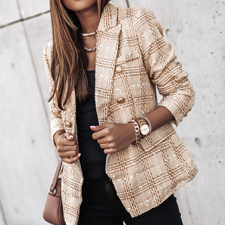 Women's Fitted Double-Breasted Plaid Tweed Blazer