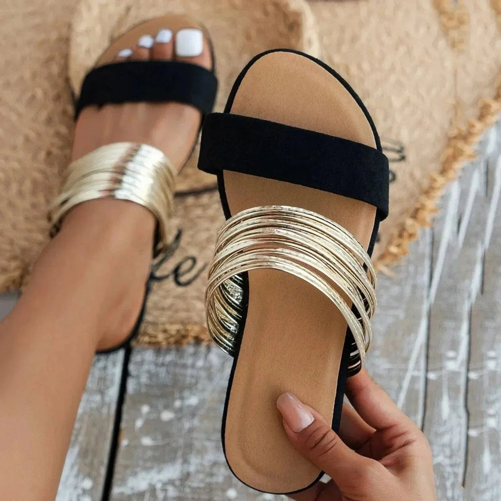 Women's Flat Slip-On Double-Strap Gold Metallic Sandals