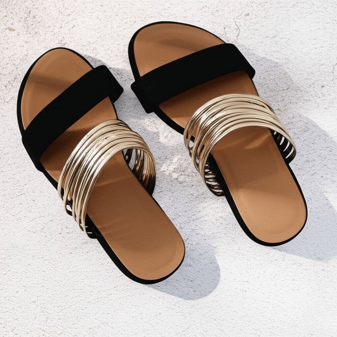 Women's Flat Slip-On Double-Strap Gold Metallic Sandals