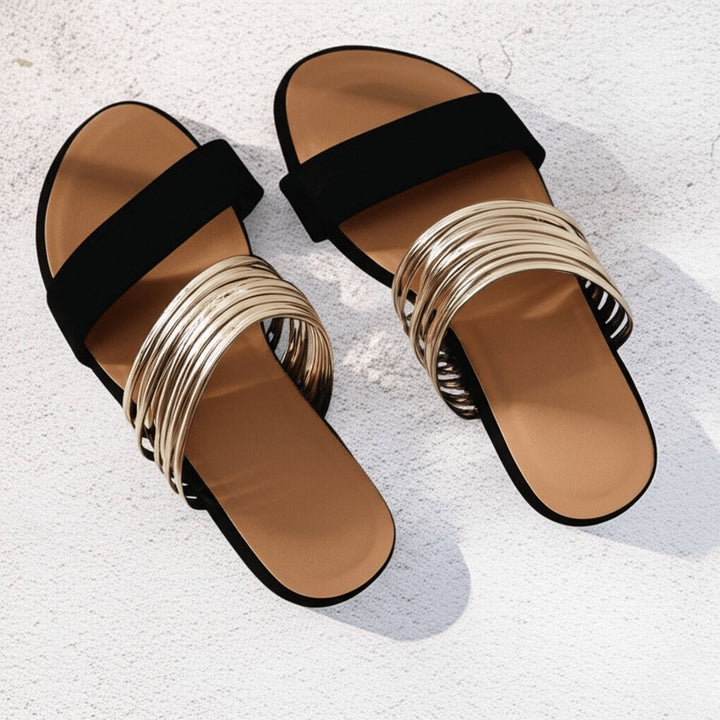 Women's Flat Slip-On Double-Strap Gold Metallic Sandals