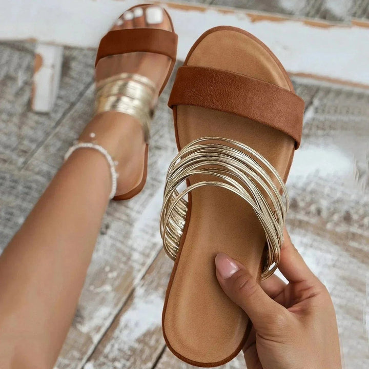 Women's Flat Slip-On Double-Strap Gold Metallic Sandals